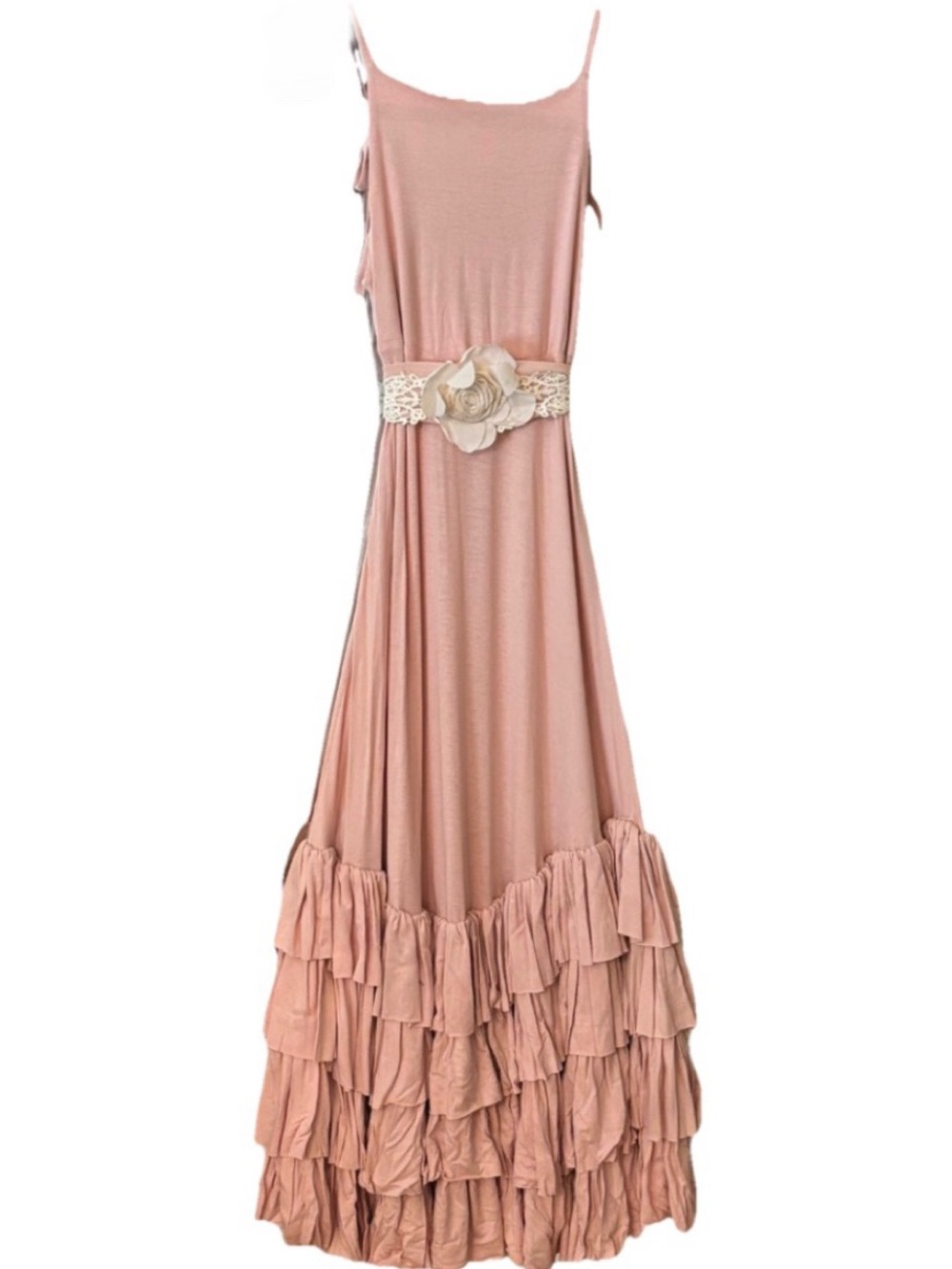 Dollcake Dusty Pink Tiered Ruffle Maxi Dress with Floral Belt Girls 12